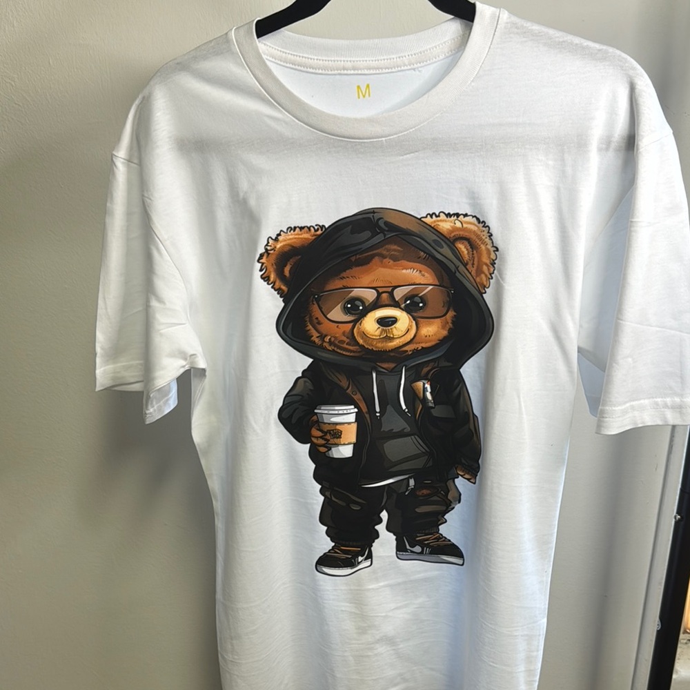 White Short Sleeve Tee with Cartoon Bear Design